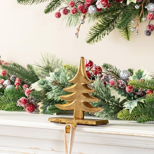 Glitzhome Polyresin Christmas Stocking Holders Set of 3 Golden Tree and Reindeer Mantel Decor with Non-Slip Metal Base for Holiday Fireplace Indoor Decoration - Image 4