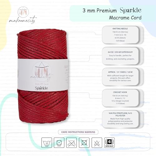 Makromecity Sparkle 2 Skeins of Polypropylene Macrame Cord 3mm x 131 Yards (394 feet) Premium Polyester Macrame Cord for Macrame Art & Crafts for Wall Hangings, Bags, Underplate, Rug - Image 3