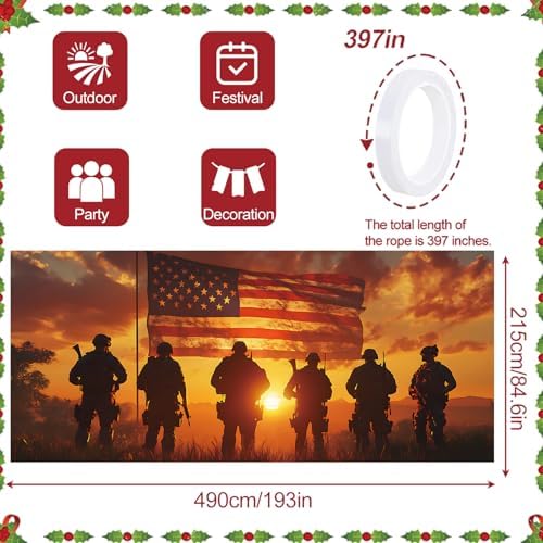 16x7Ft Patriotic American Soldier Silhouette Garage Door Decoration Flag, Military Tribute flag - Sunset USA Flag Themed Outdoor Decor - Image 3