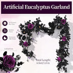 Aneco Artificial Eucalyptus Garland with Flowers 6FT Black Flower Garland Halloween Artificial Rose Floral Vine Garlands for Halloween Wedding Party Backdrop Wall Table Mantle Table Decor - Image 2