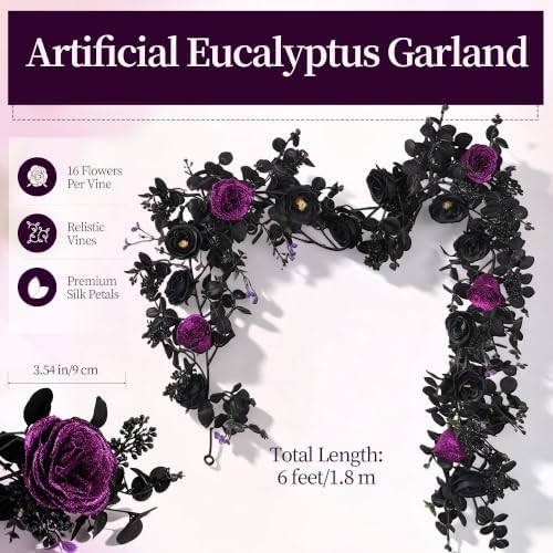 Aneco Artificial Eucalyptus Garland with Flowers 6FT Black Flower Garland Halloween Artificial Rose Floral Vine Garlands for Halloween Wedding Party Backdrop Wall Table Mantle Table Decor - Image 2
