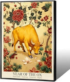 Chinese Lunar Year of the Ox Art Print – Oriental Zodiac Wall Decor with Red Peony Pattern for Home Office and Apartment Aesthetic Family Wall Decor Prints Canvas Wall Art 20X30 in Black Framed by Unknown