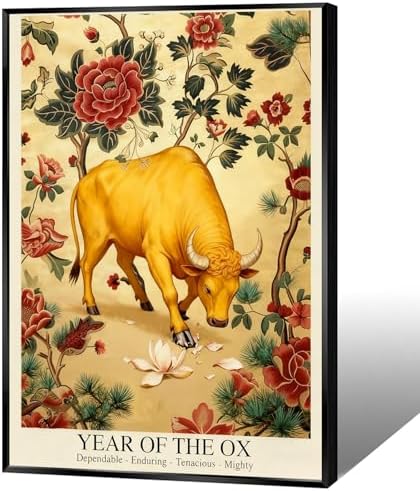 Chinese Lunar Year of the Ox Art Print – Oriental Zodiac Wall Decor with Red Peony Pattern for Home Office and Apartment Aesthetic Family Wall Decor Prints Canvas Wall Art 20X30 in Black Framed by Unknown
