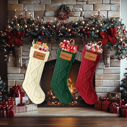 Personalized Christmas Stockings, Custom Engraving Christmas Stockings 6 Pack with Names, 18” Large Knitted Xmas Stocking for Family Kids, Fireplace Hanging Holiday Christmas Party Decoration - Image 2