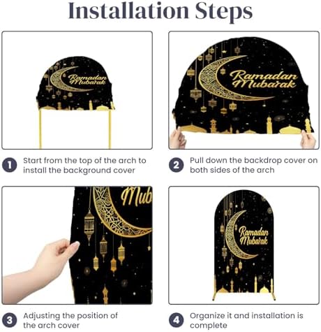7.2FT Arch Backdrop Cover Ramadan Mubarak Photography Black Crescent Moon Star Lanterns Wedding Arch Cover Spandex Fitted Stretchy Backdrop Stand Covers for Birthday Party Wedding Decoration - Image 7