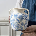 Ceramic Vase with Handles, Vintage Utensil Holder, Flower Decorative Vase Chinoiserie Decor Rustic Farmhouse Retro Floral Vases for Table Bookshelf Mantel Kitchen Living Room Office - 6.7” Blue 018 - Image 3