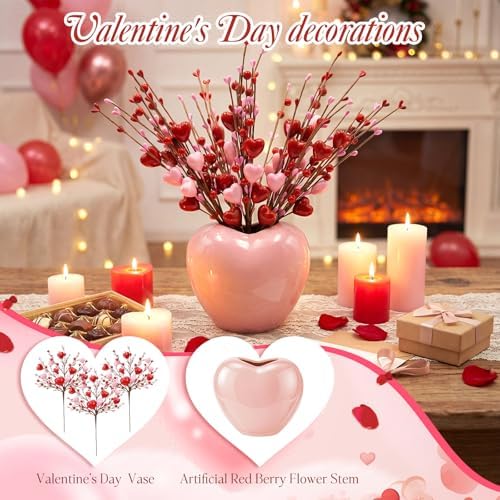 Youyole Heart Vase Set with 4 Red Berry Stems, 6.5" Heart-Shaped Ceramic Vase with Artificial Berry Branches, Romantic Table Centerpiece Decor for Couples, Home, Office & Gift(Pink) - Image 5