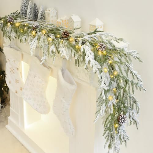 YoleShy 6FT Real Touch Norfolk Pine Garland Christmas Garland with Pinecone and White Snow Battery Operated Prelit Garland Christmas Decorations for Mantle Fireplace Xmas Home Decor by YoleShy