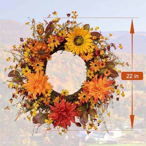 JINGHONG Fall Wreaths for Front Door 20 Inch Artificial Fall Wreath Autumn Flower Wreath with Sunflower Daisy Dahlia Pumpkin for Indoor Outdoor Window Wall Porch Harvest and Thanksgiving Celebration - Image 4