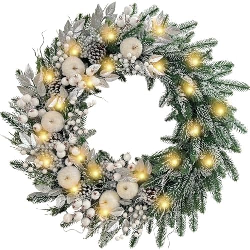 WANNA-CUL 30 Inch Pre-Lit Silver White Christmas Wreaths for Front Door by WANNA-CUL