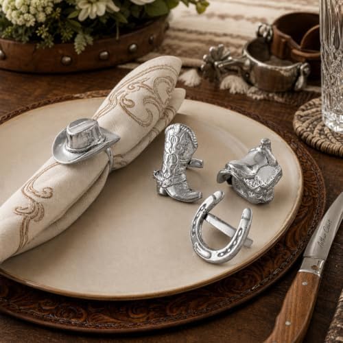 Arthur Court Western Napkin Rings Set - Cowboy Saddle, Boot, Hat, Horseshoe - Aluminum Table Decor - 3" Diameter - Image 6