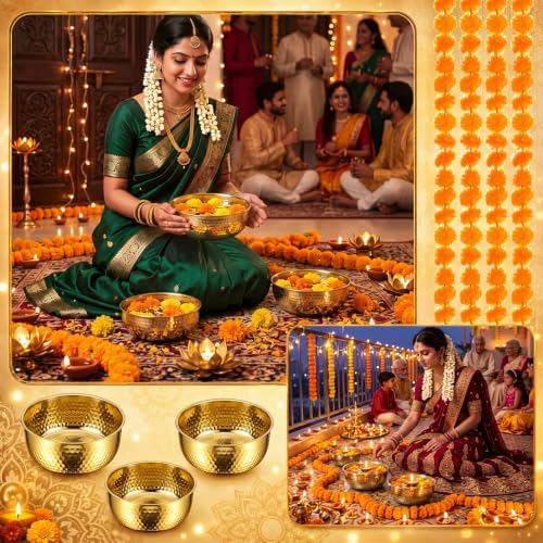 7 Pcs Diwali Decorations for Home with 3 Urli Bowls, 4 Marigold Garlands - Image 4