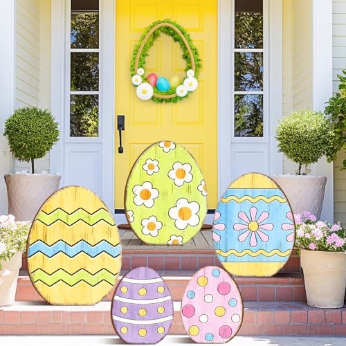 Yuntau 5 Pcs Easter Wooden Porch Sign Large Easter Egg Standing Porch Sign Decoration Farmhouse Rustic Outside Decorations for Outdoor Party Lawn Garden Yard Entryway by Yuntau