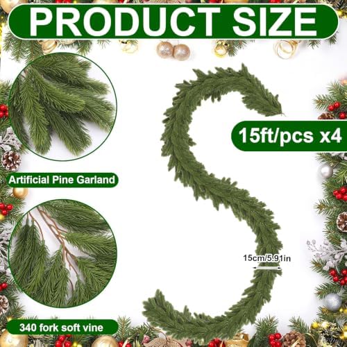 Lyrow 4 Pcs 15 ft Deluxe Thick Christmas Pine Garland Faux Greenery Garland - Image 2