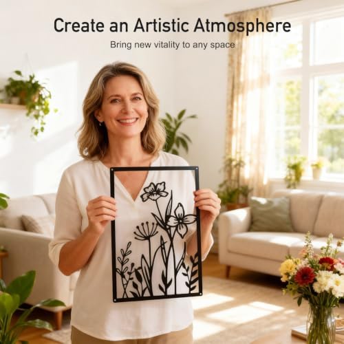 Black Metal Botanical Wall Art, Boho Farmhouse Flower Bathroom Wall Decor - Image 3