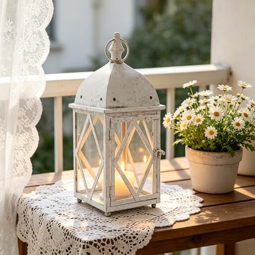 Vintage White Metal Candle Lantern with Glass 17in Distressed Blue Rustic Large Farmhouse Hanging Candle Holder Lanterns for Indoor & Outdoor Front Porch Table Centerpiece Decor by Unknown