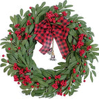 Christmas Olive Wreath for Front Door Christmas Red Berry Decoration, Winter Bowknot Leaves Wreath with Red Berry and Jingle Bell Farmhouse Front Door by Bibelot