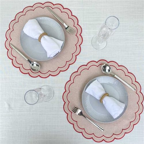 Linen Cotton Placemats Set of 4 Scalloped Flower Embroidery Place Mats 15'' Natural Linen Texture Fabric Machine Washable Table Mats for Restaurant Kitchen,Table Decor(Powder Pink) - Image 6