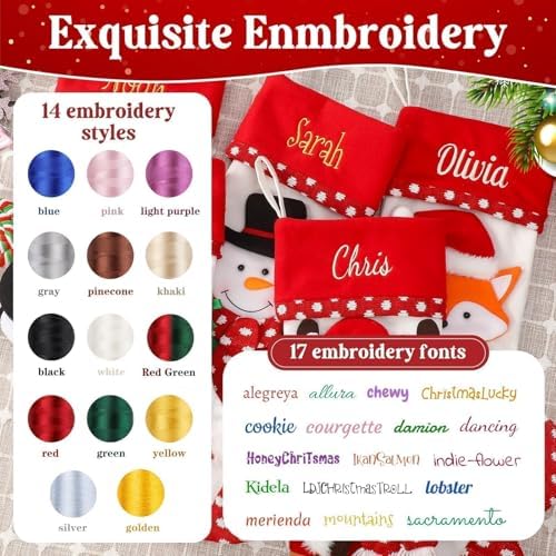 Personalized Christmas Stockings with Embroidered Name & Monogram,Custom 3D Xmas Character Stocking 3 Pack 18” Large,Santa,Snowman & Reindeer Fireplace Hanging Red Burlap Plaid Stockings(B) - Image 4