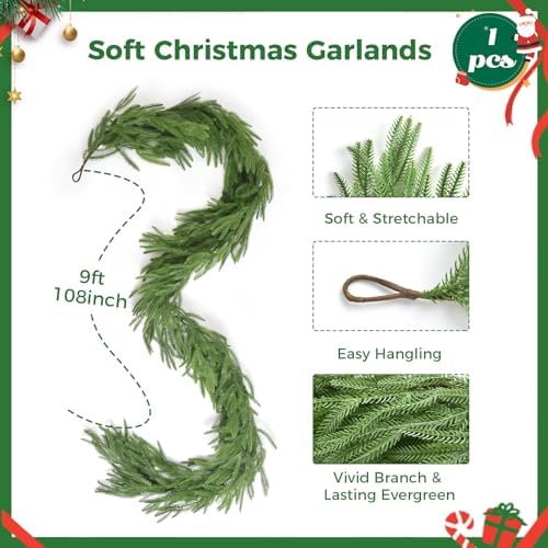9FT Christmas Norfolk Pine Garland, Artificial Pine Needles Winter Garlands Faux Greenery Fake Garland for Holiday Fireplace,Table, Window, Stairs, Mante, Indoor Outdoor Decor (1 Pack, 9 FT) - Image 5