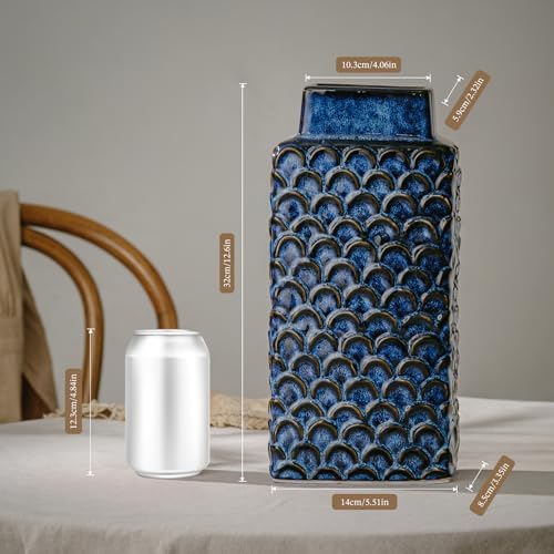 Ceramic Flower Vase, 12.6” Tall Vintage Blue Pottery Vase for Home Decor, Rustic Textured Vase for Pampas Grass, Living Room, Entryway, Mantel, Kitchen Table - Image 3