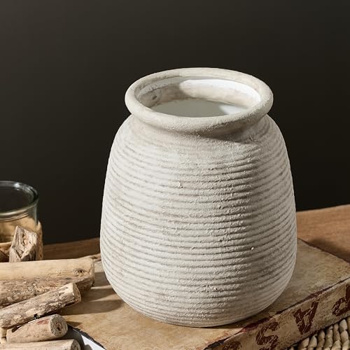 Ceramic Flower Vase, Rustic Farmhouse Decorative Vase Pottery Wide-Mouth Vases for Home Decor Table Entryway Mantel Bookshelf Living Room Bedroom Bathroom Kitchen - 7.48" D - Image 4