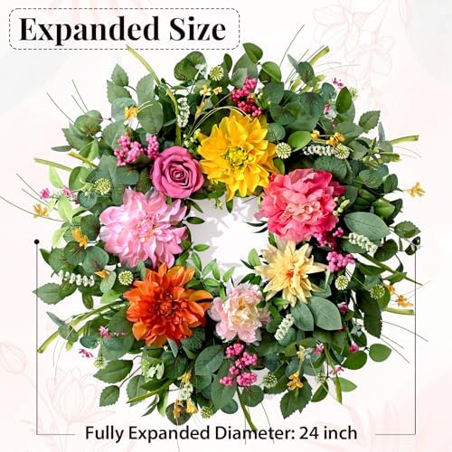 Waipfaru 2Pcs Summer Wreaths Easter Wreath, Spring Wreaths for Front Door Outside, Large Front Door Wreath with Peony Dahlia Rose Flower Green Eucalyptus Leaves Farmhouse Outdoor Porch Decor - Image 2