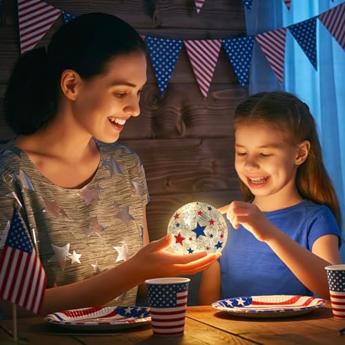 Whaline Patriotic Lighted Decorative Glass Ball 4th of July Party Decoration 4.7/6 in Red Blue American Star Crackle Glass Globe Battery Operated for Independence Day Table Mantel Fireplace, Set of 2 - Image 6