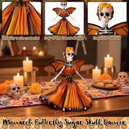 Simgoing Day of the Dead Figurines Resin Monarch Butterfly Sugar Skull Dancer, Skeleton Sculpture Dia De Los Muertos Altar Decor for Halloween Gothic Home Ofrenda Decor - Image 3