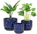 Ceramic Flower Pots, Ceramic Planters with Drainage Hole and Saucer, Modern Round Indoor Succulent Planters with Owl Design, Small to Medium-Sized, Set of 3, Navy Blue by Nattol