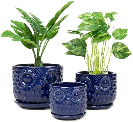 Ceramic Flower Pots, Ceramic Planters with Drainage Hole and Saucer, Modern Round Indoor Succulent Planters with Owl Design, Small to Medium-Sized, Set of 3, Navy Blue by Nattol