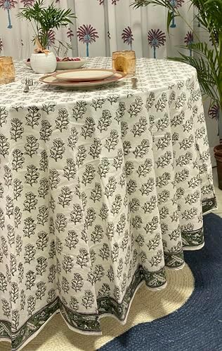 Ridhi Hand Block Print Round Tablecloth Evergreen 60 Inch 100% Cotton - Image 3