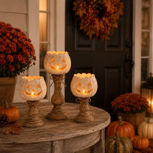 Rustic White Pumpkin Tealight Candle Holder Set, Farmhouse Halloween Pumpkin Tea Light Candle Holders Decor, Fall Tables Centerpieces for Thanksgiving & Halloween Party - Image 6
