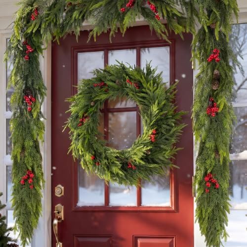 Glitzhome 30 Inch Christmas Wreaths for Front Door, Artificial Greenery Wreath with Pine Cones and Red Berries for Windows, Walls, Porches, Indoor and Outdoor Home Decoration - Image 2