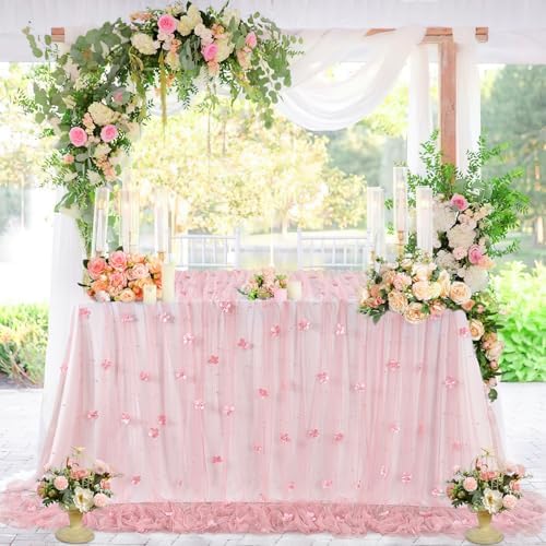 Dusty Pink Pearl Tulle Tablecloths 3 Pack 10ft Floral Sheer Table Linen - Image 3