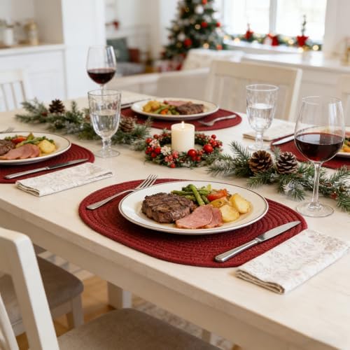 Oval Woven Placemats Set of 8 Heat Resistant Placemats 17 x 12 Inches Farmhouse Cotton Rope Place Mats for Dining Tables Trivets for Hot Dishes, Burgundy - Image 2