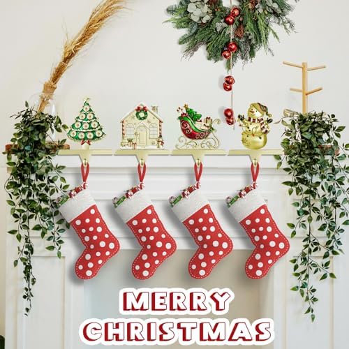 GUOER 4 Pack Christmas Stocking Holder Set for Mantle Christmas Decorations Mantle Fireplace Topper-House, Sleigh,Snowman and Christmas Tree Hangers Decorative Metal Hanger(Golden) - Image 5