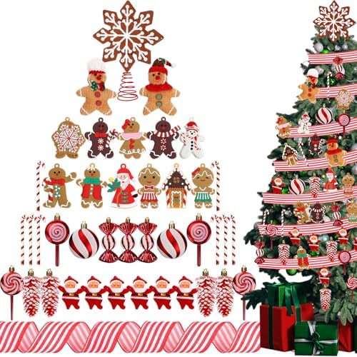 Halfchet 43 Pcs Gingerbread Ornaments for Christmas Tree Ribbon Candy Gingerbread Figurine Pendants Santa Claus Christmas Tree Red and White Hanging Decorations Ornaments for Holiday Party by JaaMiin