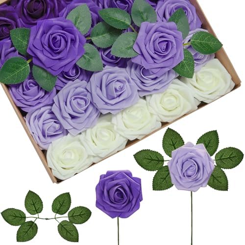 InnoGear Artificial Flowers, 50 Pcs Shades of Purple Foam Fake Roses Bulk with Stems for Decoration Celebration DIY Wedding Bouquets Centerpieces Bridal Shower Party Christmas Tree by InnoGear