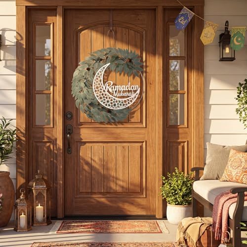 Cinnvoice Eid Ramadan Mubarak Wreaths Door Sign Artificial Leaves Ramadan Hanging Wreath Decoration for Front Door Eid Al Fitr Moon Wood Sign Wall Garland Hanger for Islamic Muslim Home Party Decor - Image 3