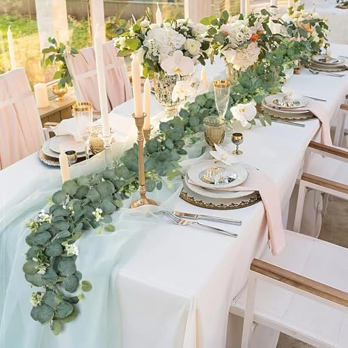 6 Pack Artificial Eucalyptus Garland 6.2 Long Faux Silk Leaf Eucalyptus Leaves Vines Greenery Garland with White Flower All Season for Wedding Arch Indoor Outdoor Wall Decoration - Image 3