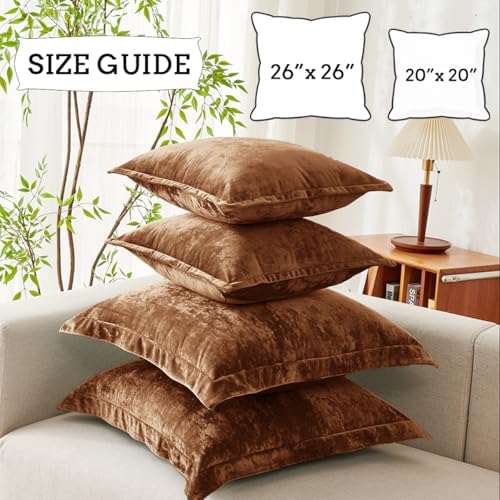 Luxurious Velvet Euro Shams Decorative Throw Pillow Covers 26x26 Set of 2 Solid Square Euro Pillow Shams for Sofa Couch Bedroom, Caramel - Image 5