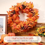 Yunlly 24 Inch Artificial Fall Wreath Autumn Maple Decor Autumn Front Door Wreath with Fake Pumpkin, Maple Leaves, Pine Cones for Outside Indoor Wall Thanksgiving Fall Decor - Image 2