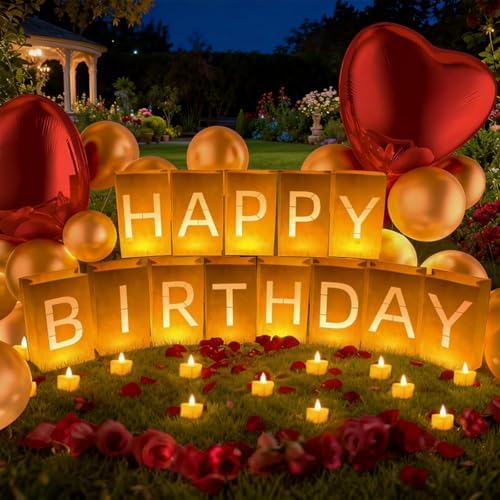 Happy Birthday Decoration for Men Women, Valentine’s Day Light Up Letters Luminary Bags with 30 Bright LED Candles, 2000 Rose Petals, 10 Balloons, Surprise Birthday Party Banner Signs - Image 2