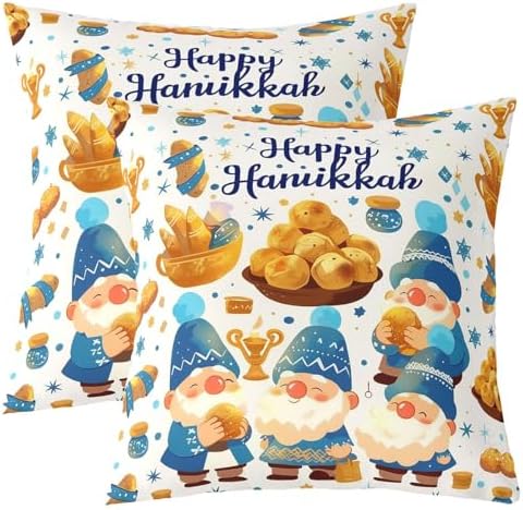 Erosebridal Happy Hanukkah Decorative Pillow Covers, Cute Menorah Stars Throw Pillow Covers 24X24 Set of 2, Funny Gnome Cushion Cases for Couch Bed Sofa Home Decor, Blue and White by Erosebridal