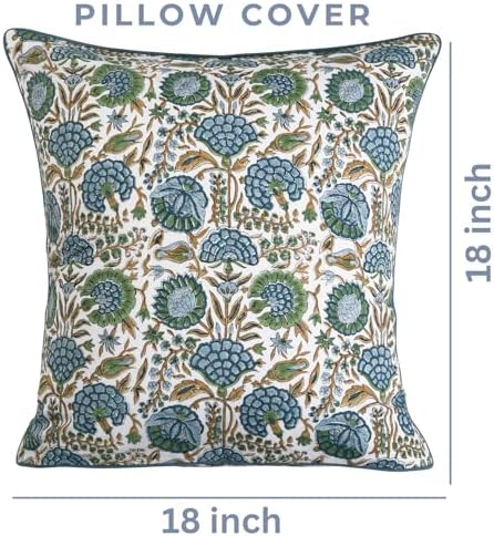 Ridhi Block Print Asparagus Green Pillow Cover 18" x 18" (Pack of 2) Decorative Couch Pillows for Living Room, Farmhouse Chic Boho Cute Outdoor Pillows Covers Gifts for Spring, Mother's Day - Image 4