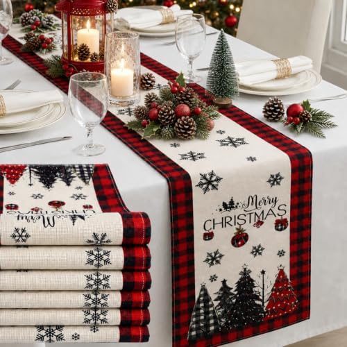 Remagr 6 Pack Christmas Table Runners, 13 x 72 Inch, Red Black Plaid Border by Remagr