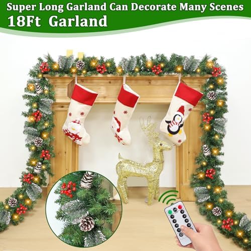 Remote Control&Super Long&8 Modes-18 Ft Prelit Canyon Pine Christmas Garland for Stairs Door Porch Outdoor Indoor Fireplace Mantle,100 Warm White&Colors Switch Lights,Timer,460 Branches Pinecone Berry - Image 2