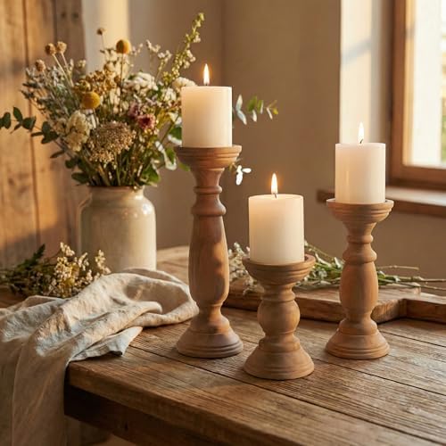 BANOMII Rustic Wooden Pillar Candle Holders Set of 3, 12'' 9'' 6'' Farmhouse Wood Candle Stand for Table Centerpieces, Vintage Tall Candleholders Fireplace Mantel Decor for Living Room, Brown - Image 2