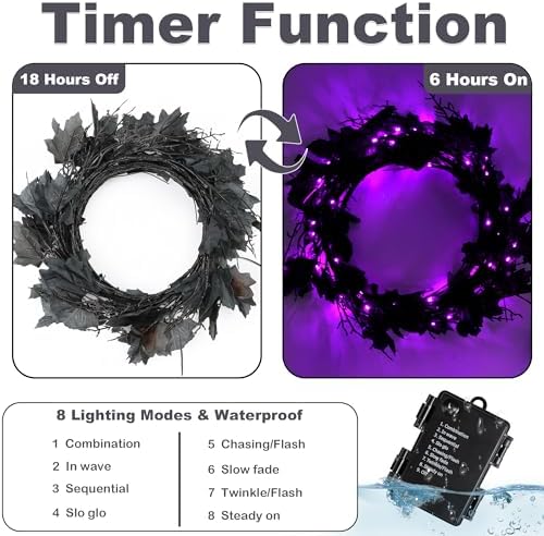 9 FT 72 LED Willow Vine Twig Decor Black Halloween Garland with Purple Lights, 8 Modes & Timer Waterproof Battery Operated for Home Fireplace Mantle Wall Office Indoor Halloween Decorations Party - Image 4